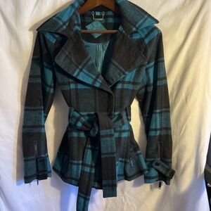Jou Jou Teal and Black Plaid Trench Coat